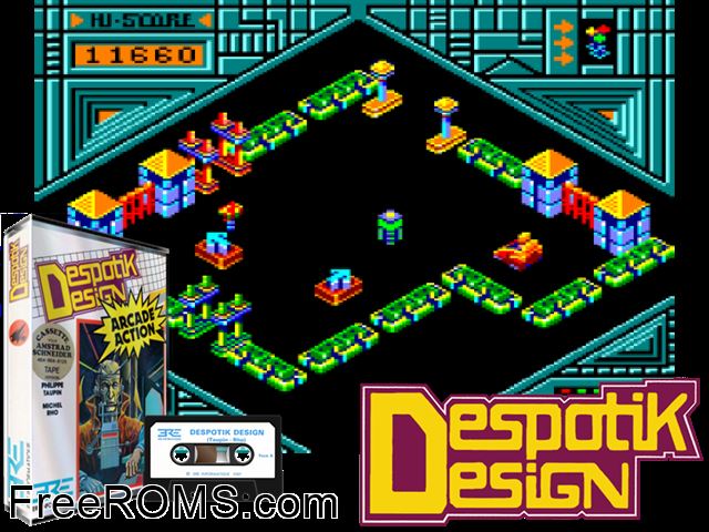 Despotik Design (UK,F,G) (1987) [h1] Amstrad CPC game showing 3D box cover and gameplay screenshot